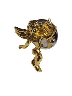 Guardian Angel On My Shoulder Lapel Pin Flying Cherub Gold Tone Vintage Arms out